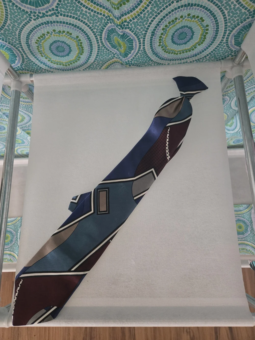 4/$15 Silk Geometric Skinny Scarf — Teal, Navy & Burgundy Clip On Vintage